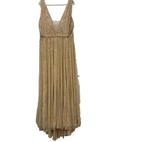 Mac Duggal Women's  10700 Illusion Plunge Neck Sequin Gown GOLD SZ 22 NWT $398 - Picture 4 of 7